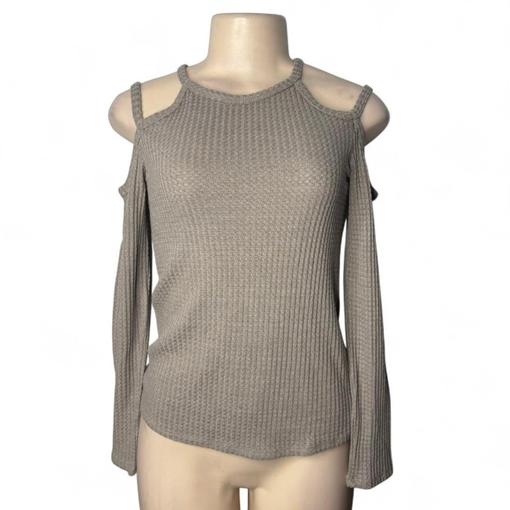 Bear Dance Taupe Cold-Shoulder Ribbed Long Sleeve Top